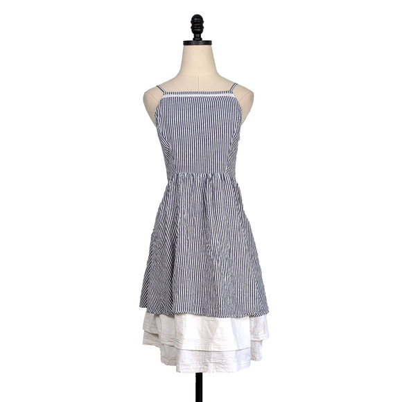 Old Navy Knee Midi Dress M Blue White Stripe Flare Beach Preppy Picnic Natutical - Picture 1 of 14